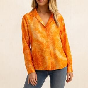 Vintage 1960s Satin Orange Tie Dye Print Button Up Blouse Top M/L